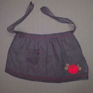 Vintage Black Sheer Half Apron Red Rose Applique Contrast Stitch Pocket Retro